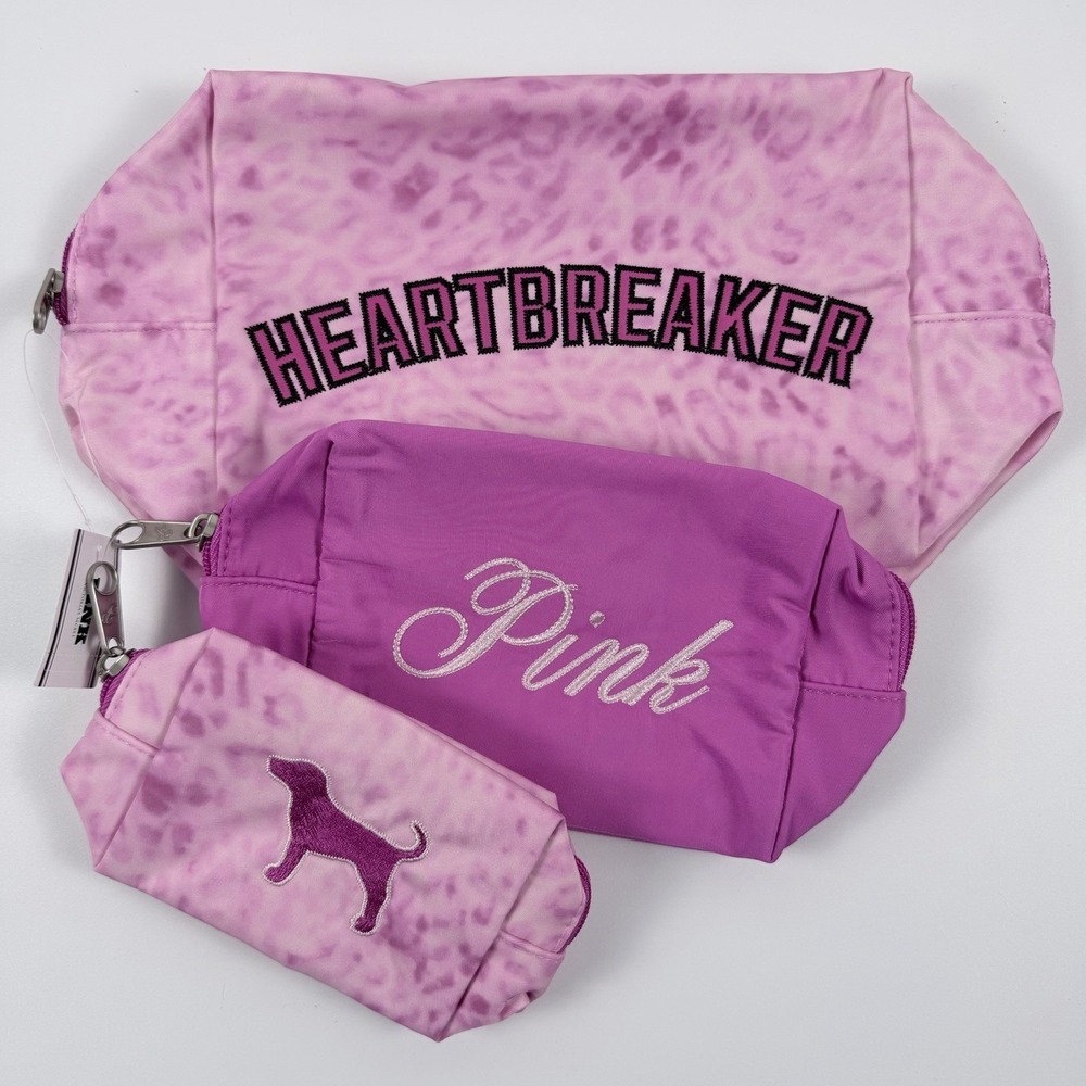 Victoria's Secret PINK Makeup Bag Trio Pink Leopard Heartbreaker 3-Piece Set NWT